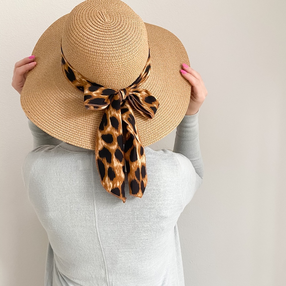 Leopard Print Bow straw floppy hat